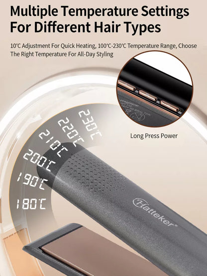 Gold curling and straightening hair iron with temperature control from Trendsi, shown with sleek design and adjustable settings.