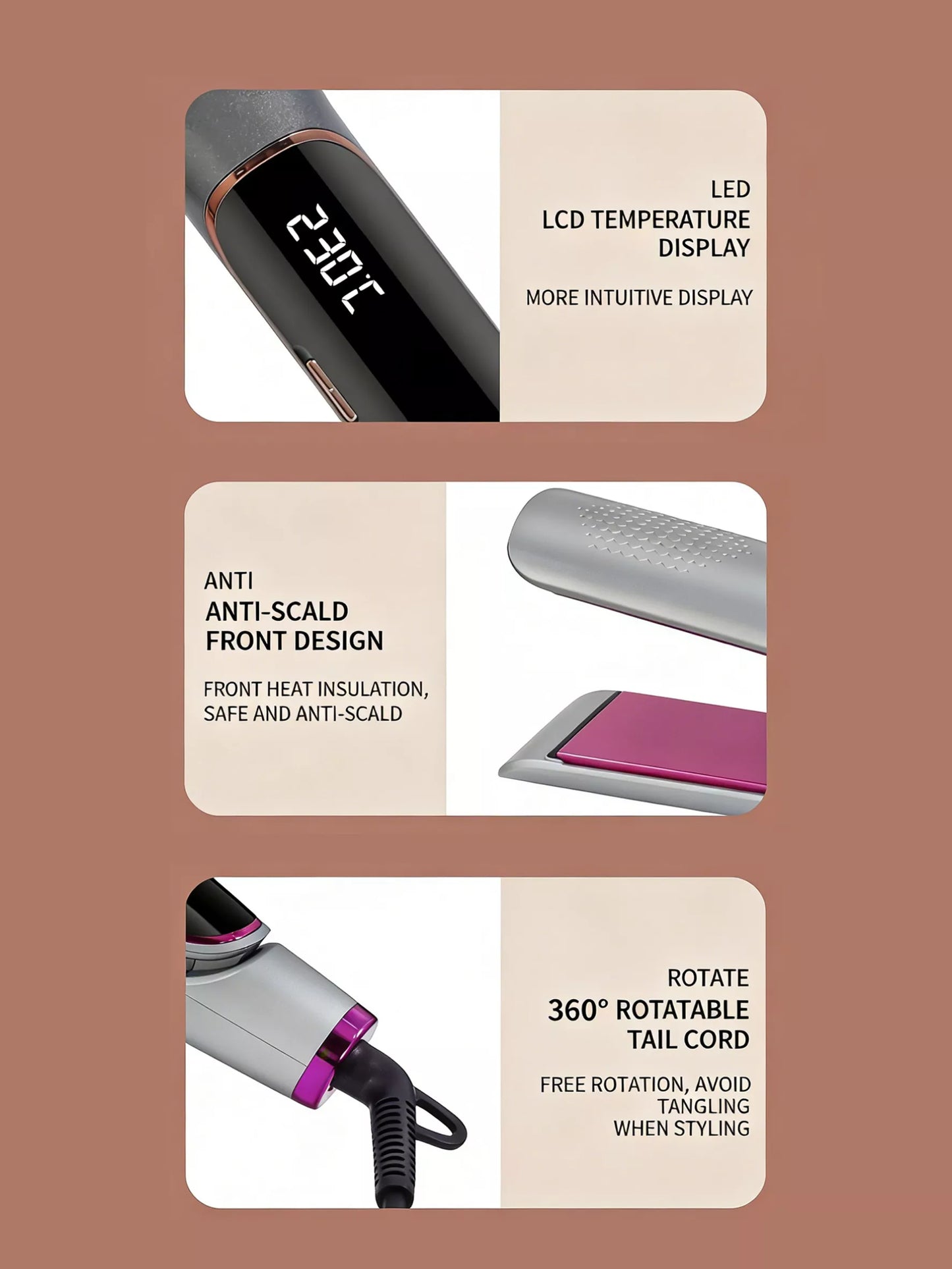 Gold curling and straightening hair iron with temperature control by Trendsi, showing the dual-function styling tool.