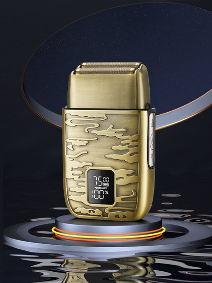 Gold electric foil shaver with LED display by Trendsi, featuring a sleek design and close shave performance.