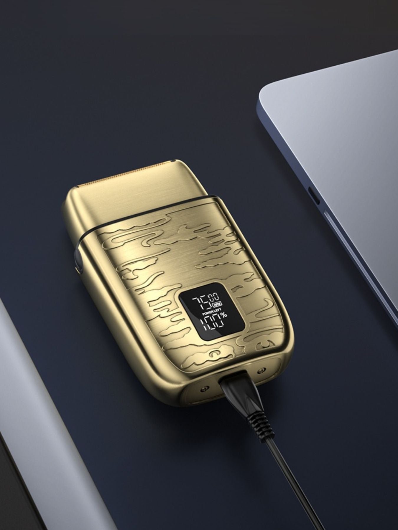 Gold electric foil shaver with LED display from Trendsi, showing close-up of the shaver's head and sleek design.