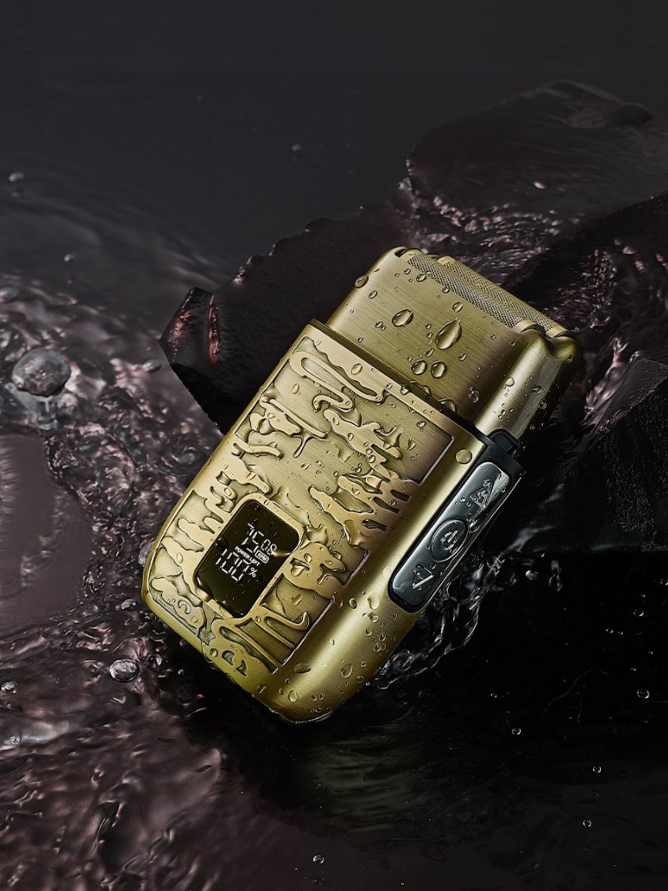 Gold electric foil shaver with LED display by Trendsi, featuring a sleek design and close shave technology.