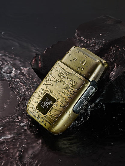 Gold electric foil shaver with LED display by Trendsi, featuring a sleek design and close shave technology.