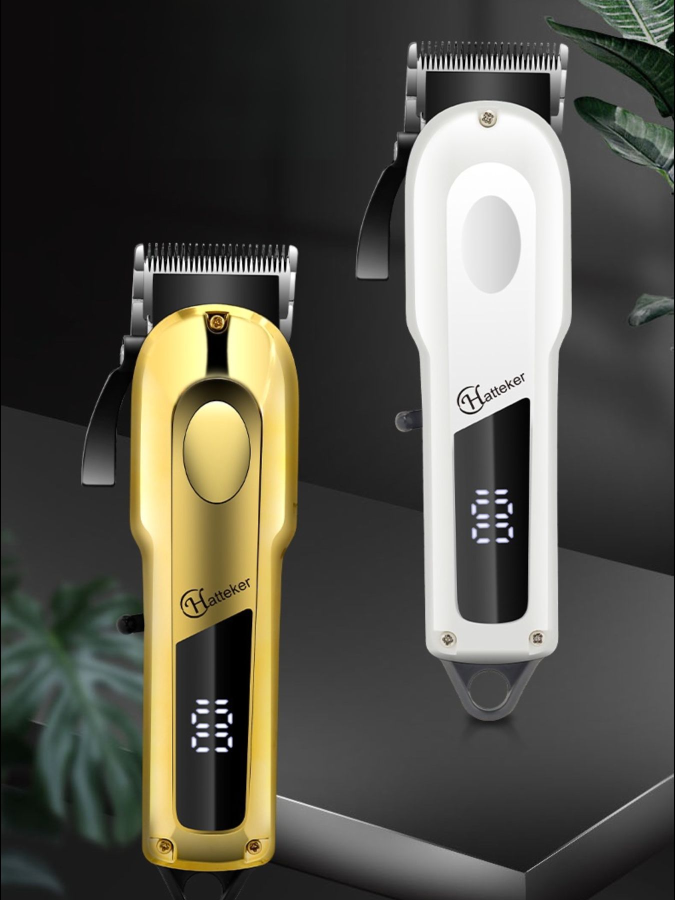 Gold electric foil shaver with LED display from Trendsi, showing a close-up of the sleek shaver with foil head and digital screen.