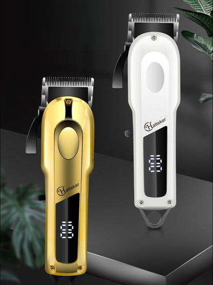 Gold electric foil shaver with LED display from Trendsi, showing a close-up of the sleek shaver with foil head and digital screen.