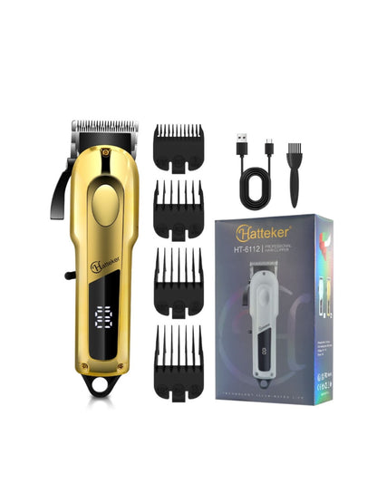 Gold electric foil shaver with LED display and ergonomic handle, designed for a close, comfortable shave.