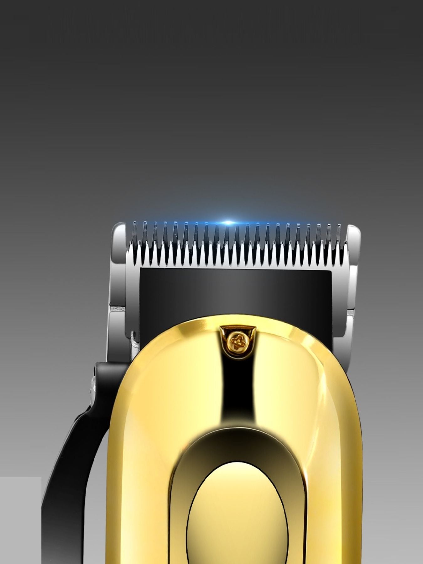 Gold electric foil shaver with LED display by Trendsi, showing close-up of the shaver's head and sleek design.