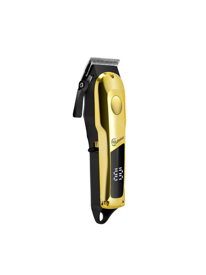 Gold electric foil shaver with LED display, Trendsi brand, showing close-up of the shaving foil and control panel.