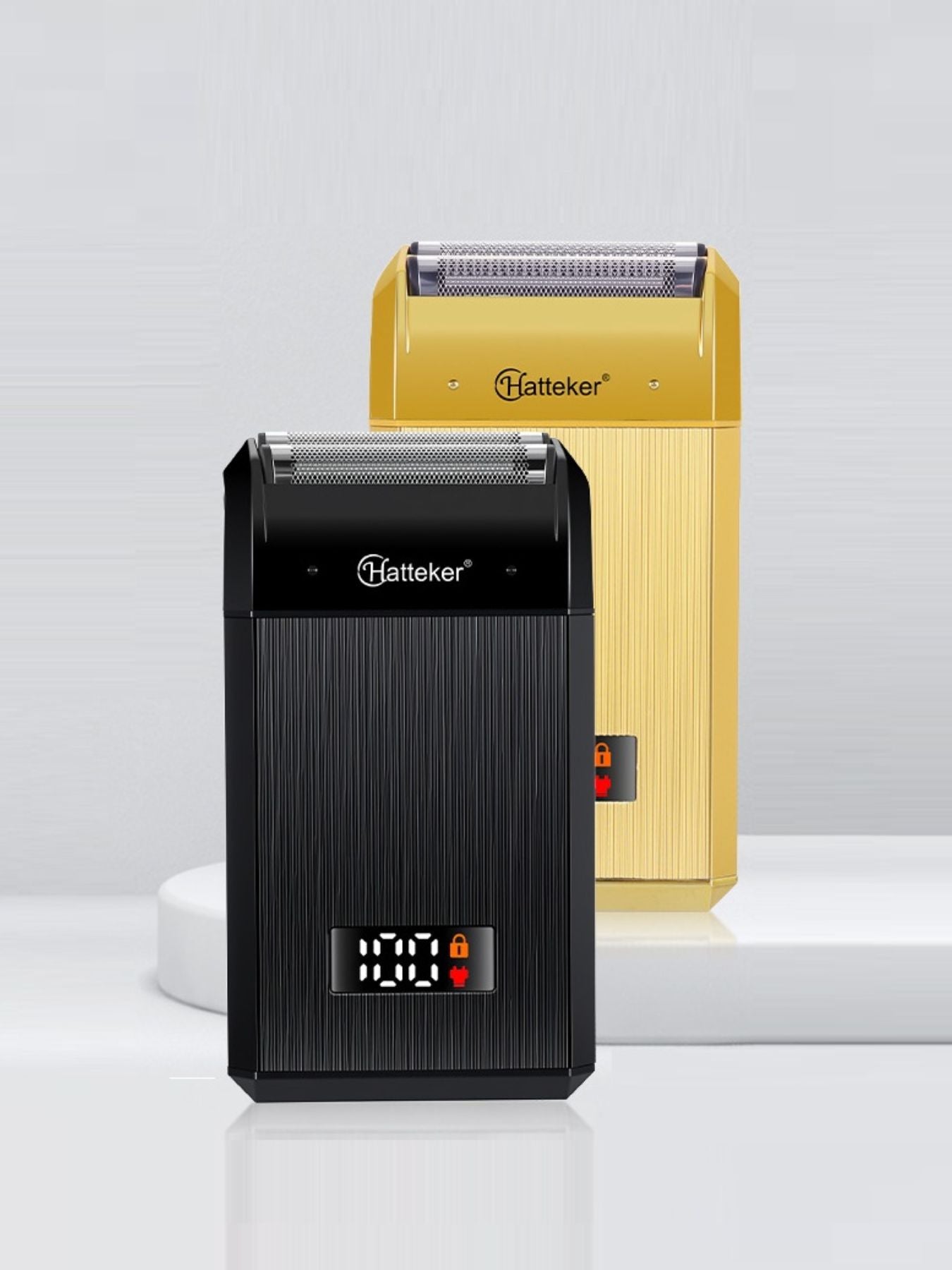 Gold portable electric foil shaver with LED display, compact design, and ergonomic handle for smooth grooming by Trendsi.