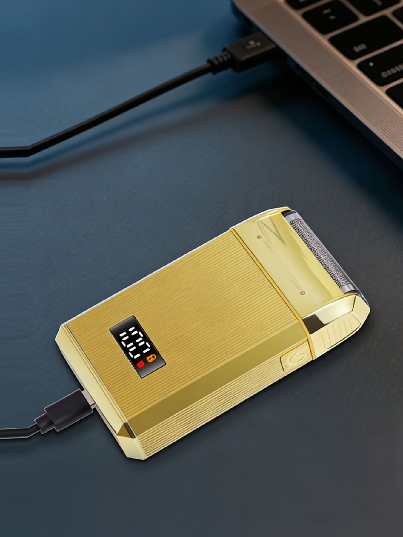 Gold portable electric foil shaver with LED display, compact design, and ergonomic handle by Trendsi.