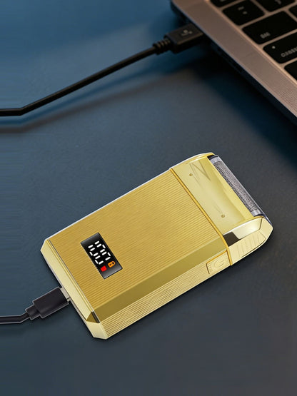 Gold portable electric foil shaver with LED display, compact design, and ergonomic handle by Trendsi.