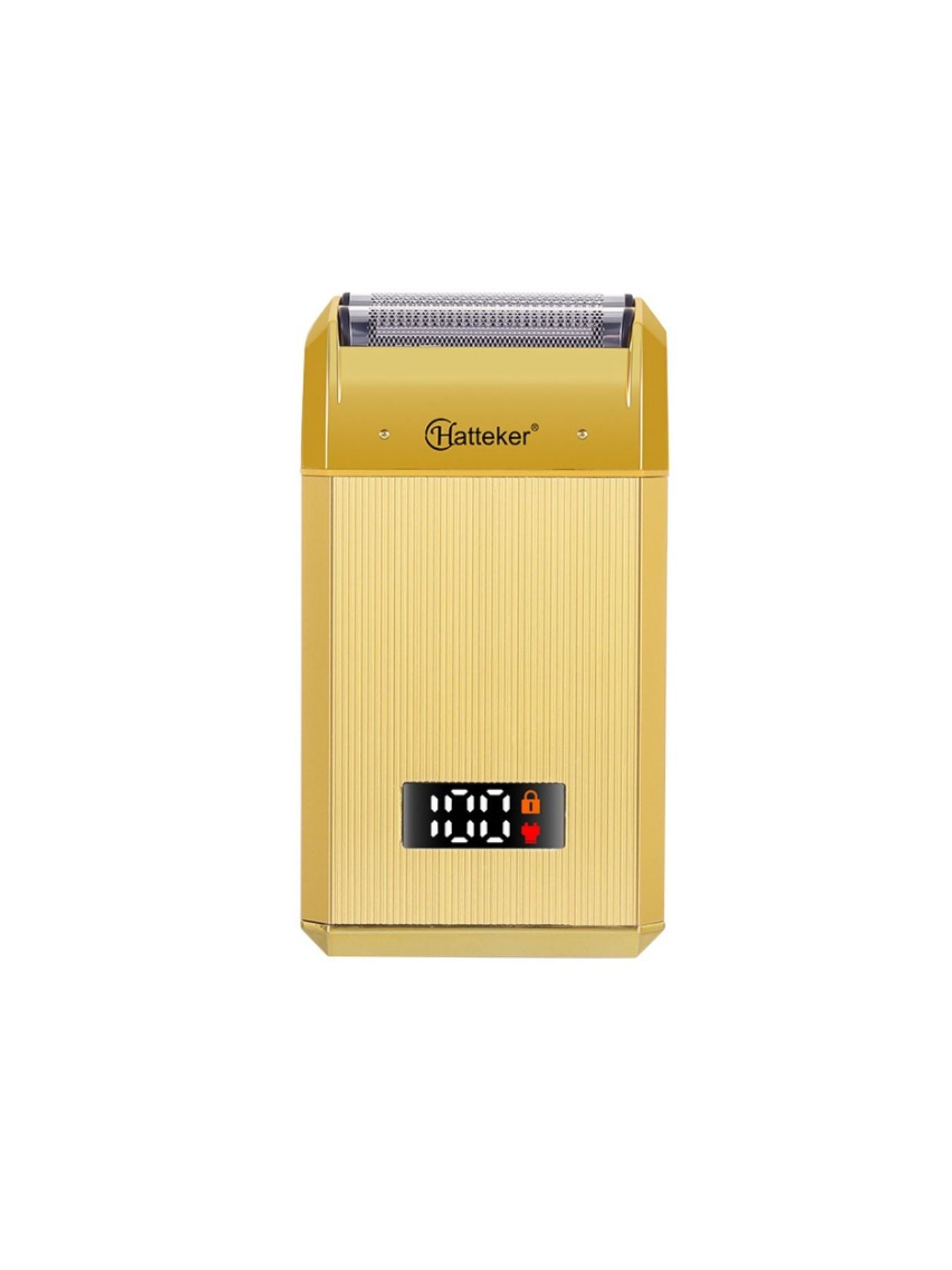 Gold portable electric foil shaver with LED display by Trendsi, featuring a compact design and close shave blades.