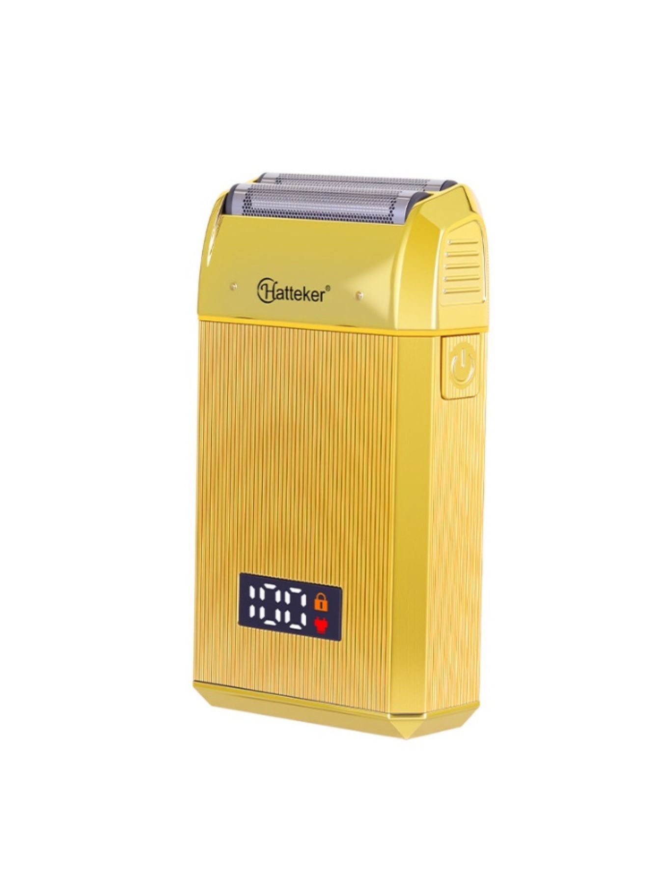 Gold portable electric foil shaver with LED display, compact design, and ergonomic handle for smooth shaving.