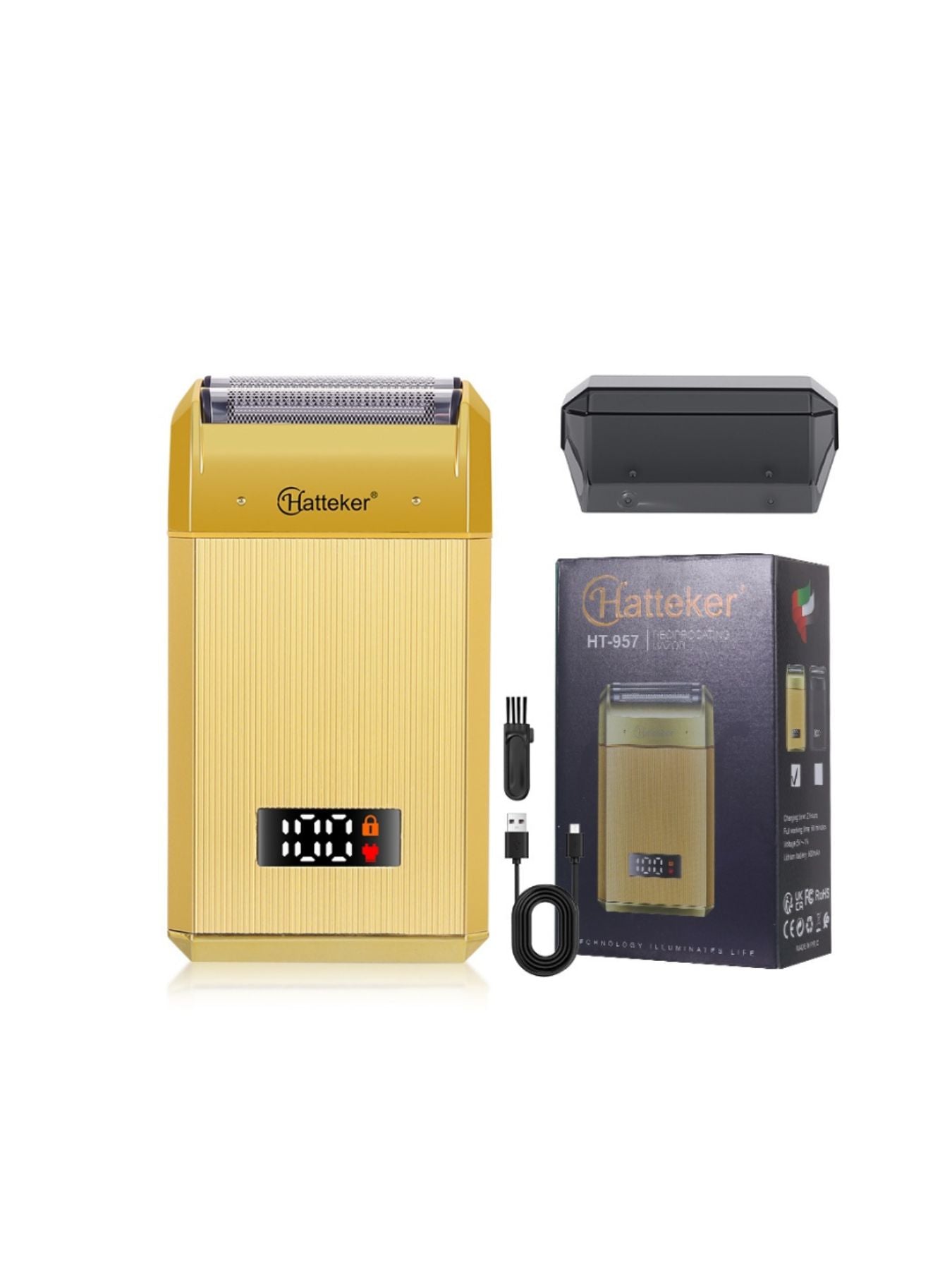 Gold portable electric foil shaver with LED display from Trendsi, compact design for easy grooming.