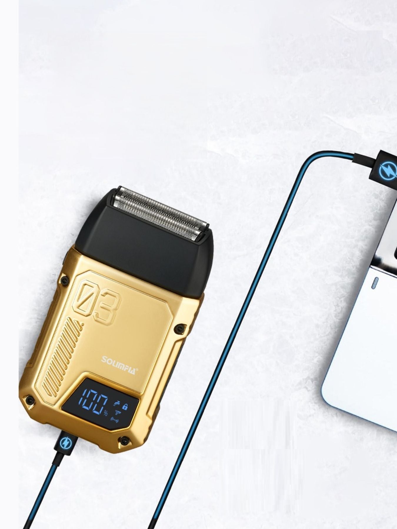 Gold rechargeable electric shaver by Trendsi with ergonomic design and multiple shaving heads for a smooth, close shave.