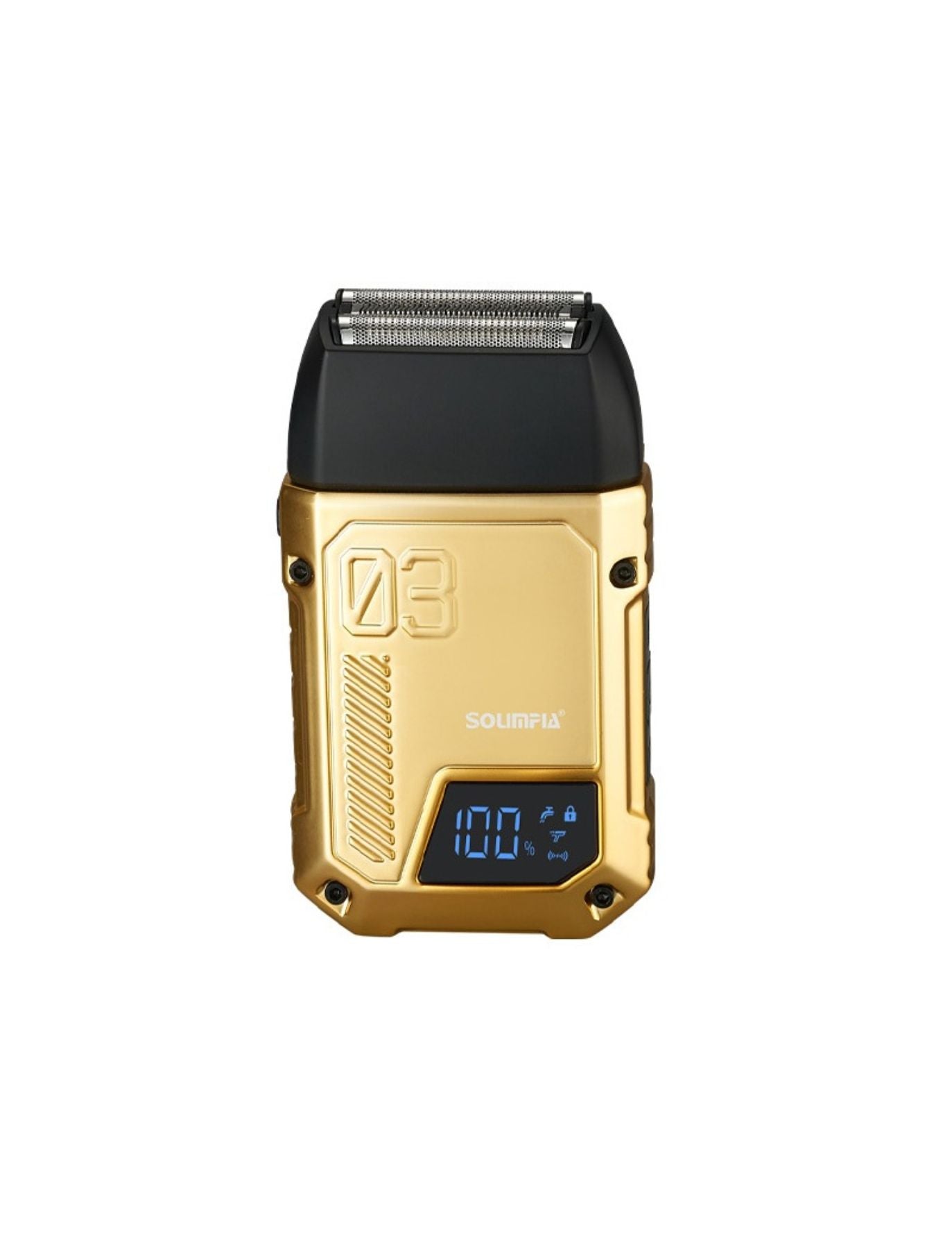 Gold Trendsi rechargeable electric shaver with ergonomic design and multiple grooming features.