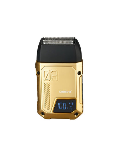 Gold Trendsi rechargeable electric shaver with ergonomic design and multiple grooming features.