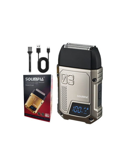 Gold rechargeable electric shaver from Trendsi with ergonomic design and multiple grooming heads for a close shave.