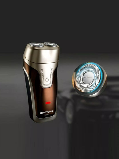 Gold rechargeable rotary shaver by Trendsi with three rotary blades and ergonomic handle for smooth, close grooming.