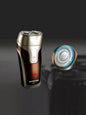 Gold rechargeable rotary shaver by Trendsi with three rotary blades and ergonomic handle for smooth, close grooming.