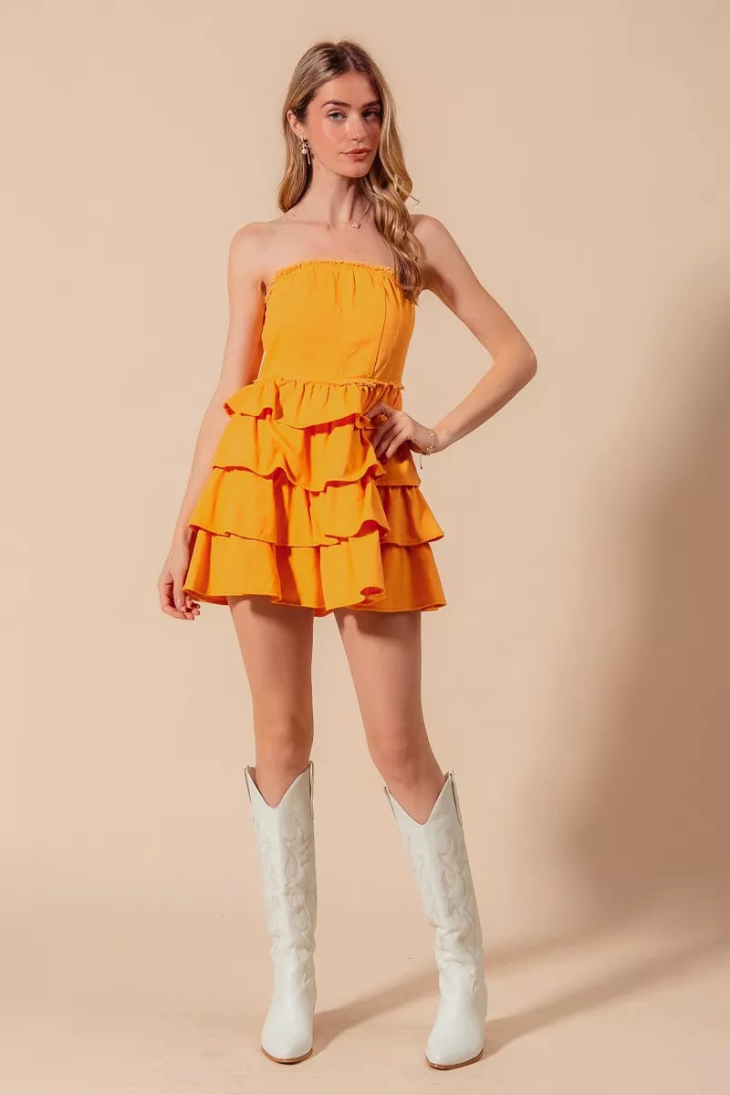 Gold strapless ruffle layered cheer-up dress by Trendsi, perfect for game day, featuring a stylish and playful design.