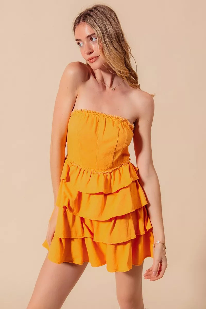 Gold strapless ruffle layered cheer-up dress by Trendsi, perfect for game day, with a stylish and playful design.
