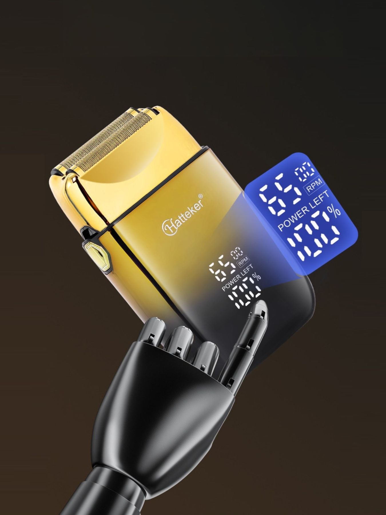 Trendsi LED display shaver with a gradient gold finish, featuring a sleek design and one-size adjustable head.