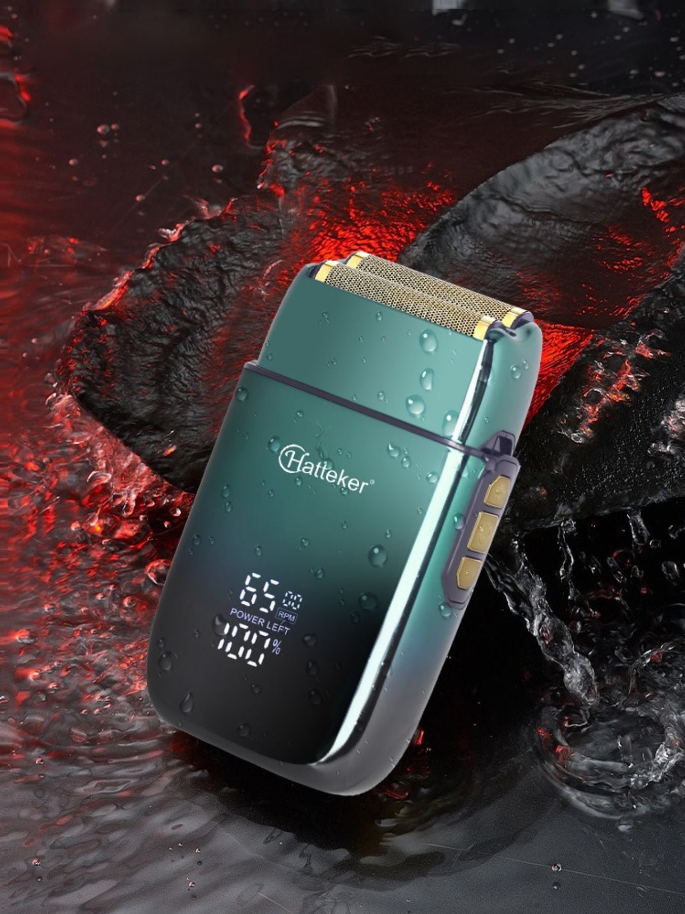 Gold LED display shaver from Trendsi with sleek design and one-size fits all, showing close-up of the shaver's front and LED screen.