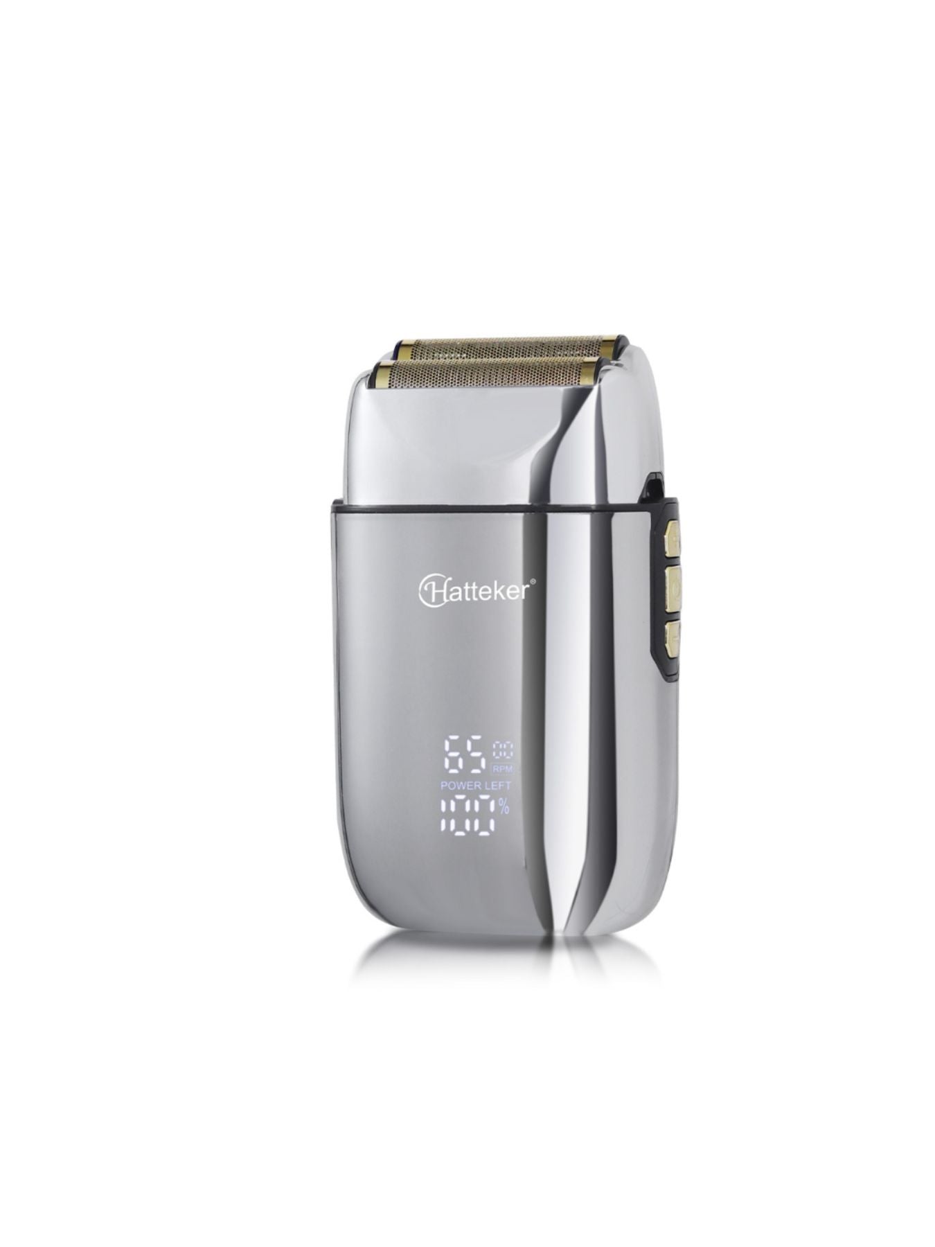 Gold LED display shaver with sleek design and one-size fit, featuring a modern LED screen for precise grooming.