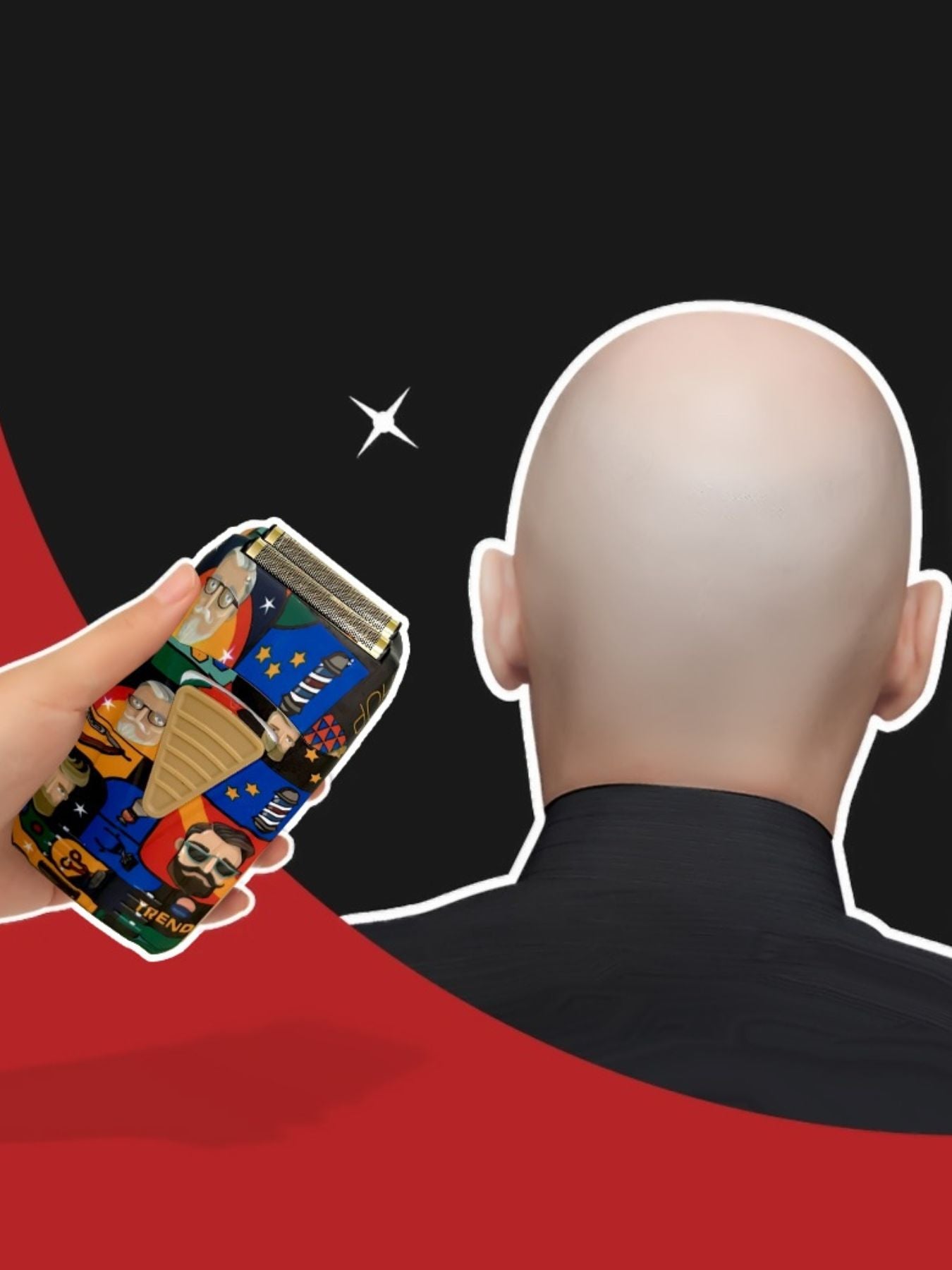 Barber-themed foil shaver from Trendsi with graffiti-style design, compact and lightweight for professional grooming.