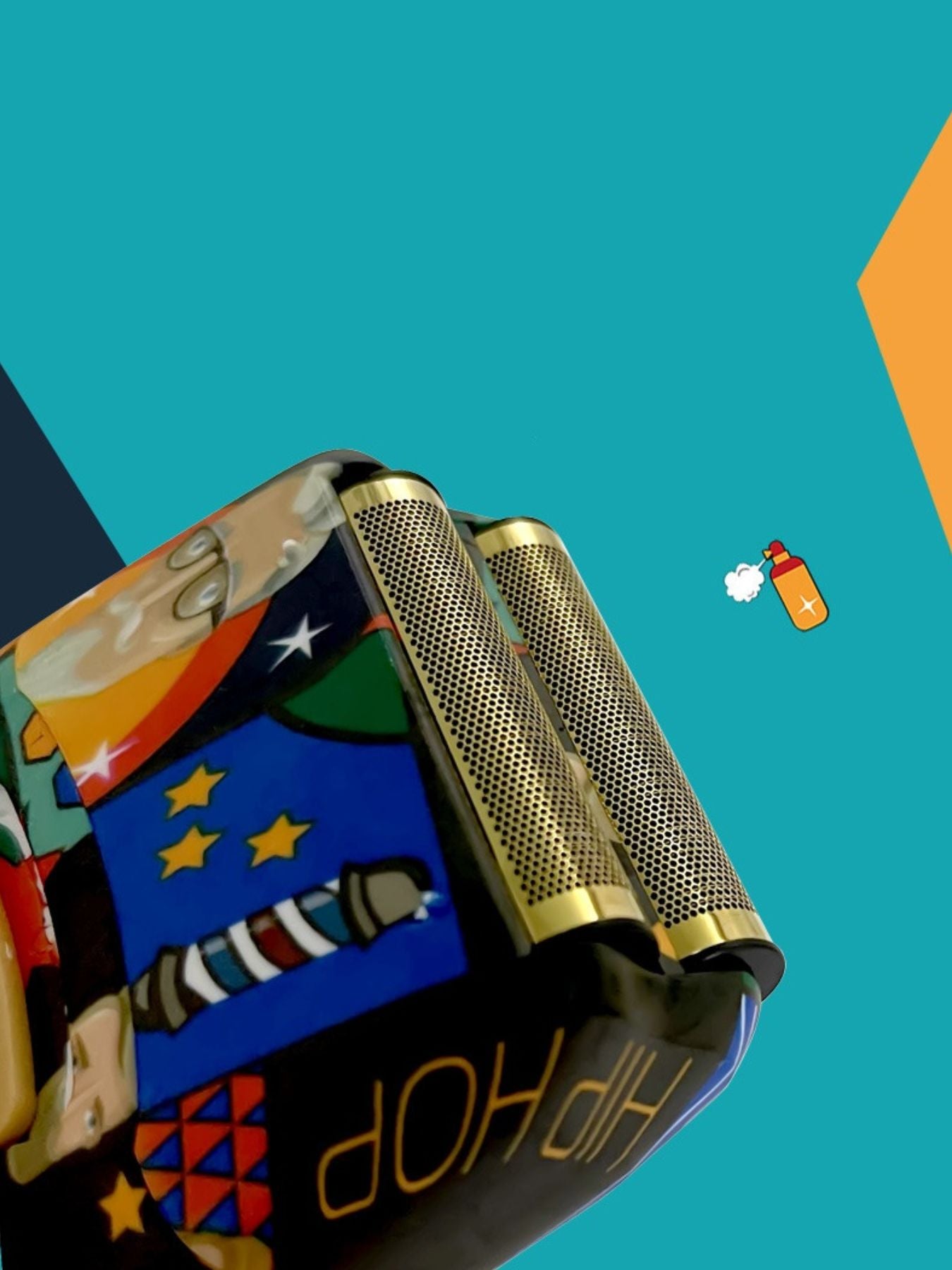 Barber-themed foil shaver with graffiti design, Trendsi brand, compact and portable electric grooming tool for precise shaving.