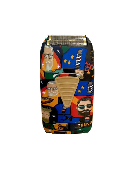 Barber-themed foil shaver by Trendsi featuring graffiti design, compact electric shaver for grooming and styling.