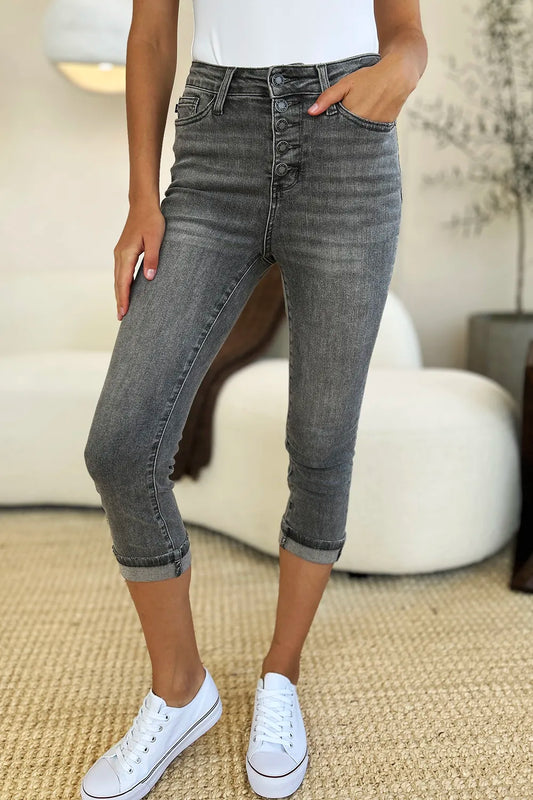 Gray Judy Blue full-size high-waist cuffed capris with button fly and rolled cuffs, showcasing a stylish denim look.