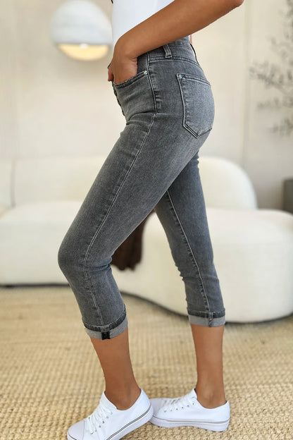 Gray Judy Blue high waist cuffed capris with button fly and full size fit, styled for a casual look.