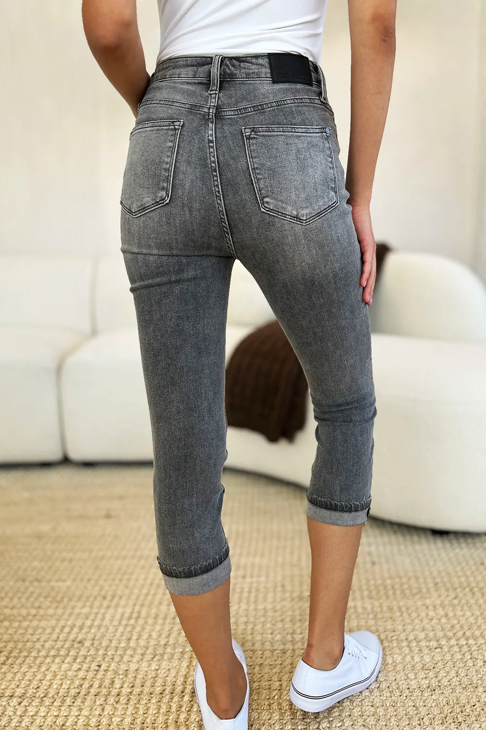 Gray Judy Blue high waist cuffed capris with button fly and full size fit, styled for a casual, trendy look.