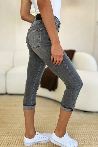 Gray Judy Blue full-size high-waist cuffed capris with button fly, styled for a casual, trendy look.