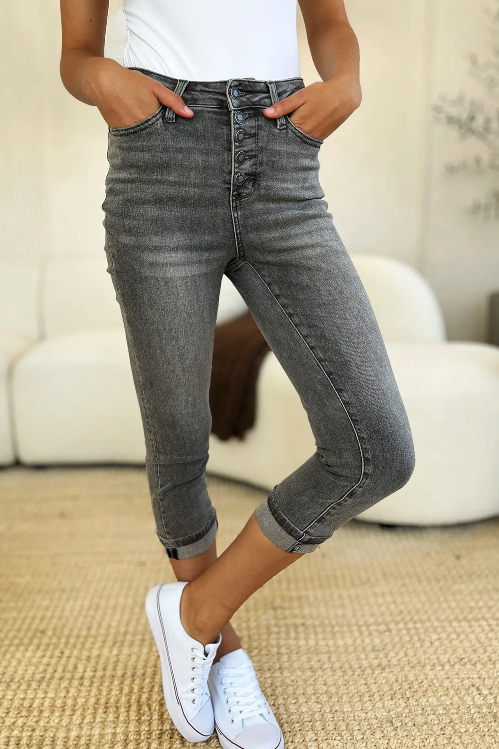Gray Judy Blue high waist cuffed capris with button fly and full size fit, displayed on a mannequin.
