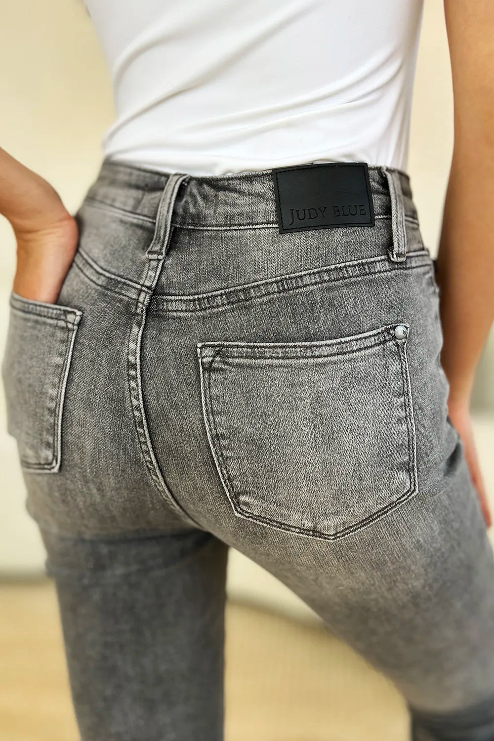 Gray Judy Blue high waist cuffed capris with button fly, full size, trendy denim pants for casual wear.
