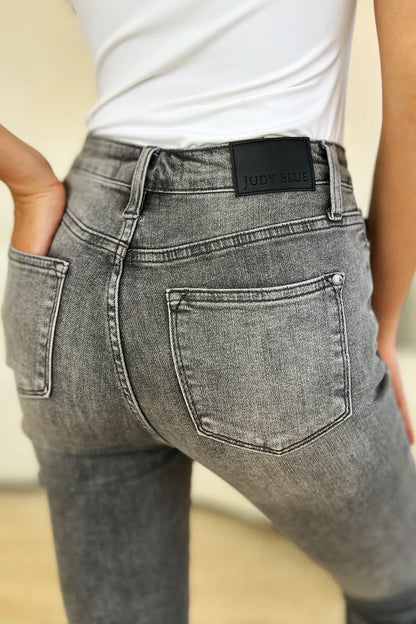 Gray Judy Blue high waist cuffed capris with button fly, full size, trendy denim pants for casual wear.
