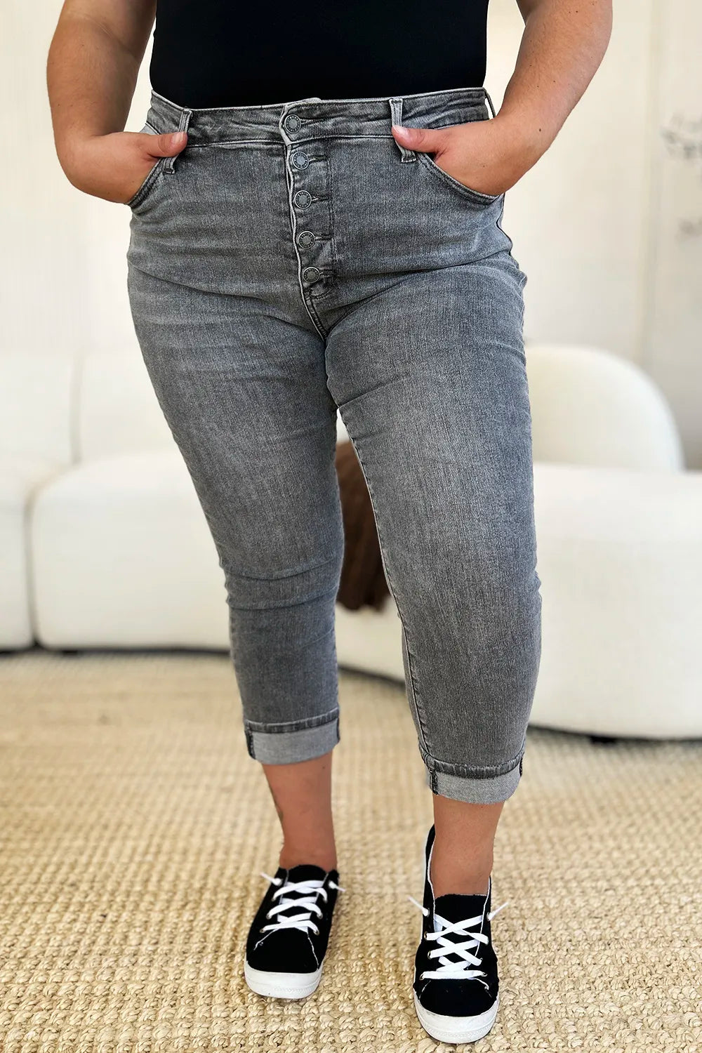 Gray Judy Blue full-size button fly high waist cuffed capris with front pockets and rolled hems, perfect for casual wear.