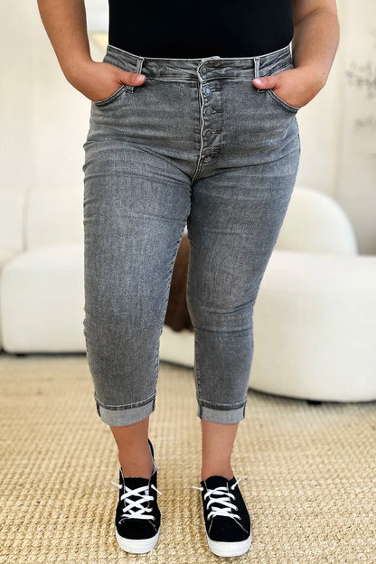 Gray Judy Blue full-size high waist button fly cuffed capris, stylish denim pants with rolled cuffs and classic button closure.