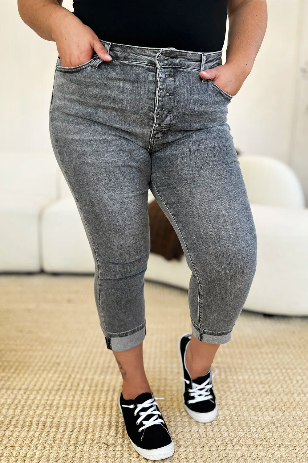 Gray Judy Blue full-size high waist cuffed capris with button fly, showcasing a stylish, fitted design perfect for casual wear.