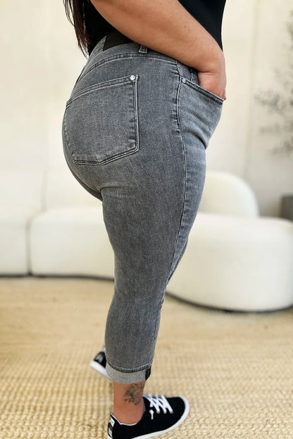 Gray Judy Blue high waist cuffed capris with button fly, full size, featuring a stylish, fitted design perfect for casual wear.