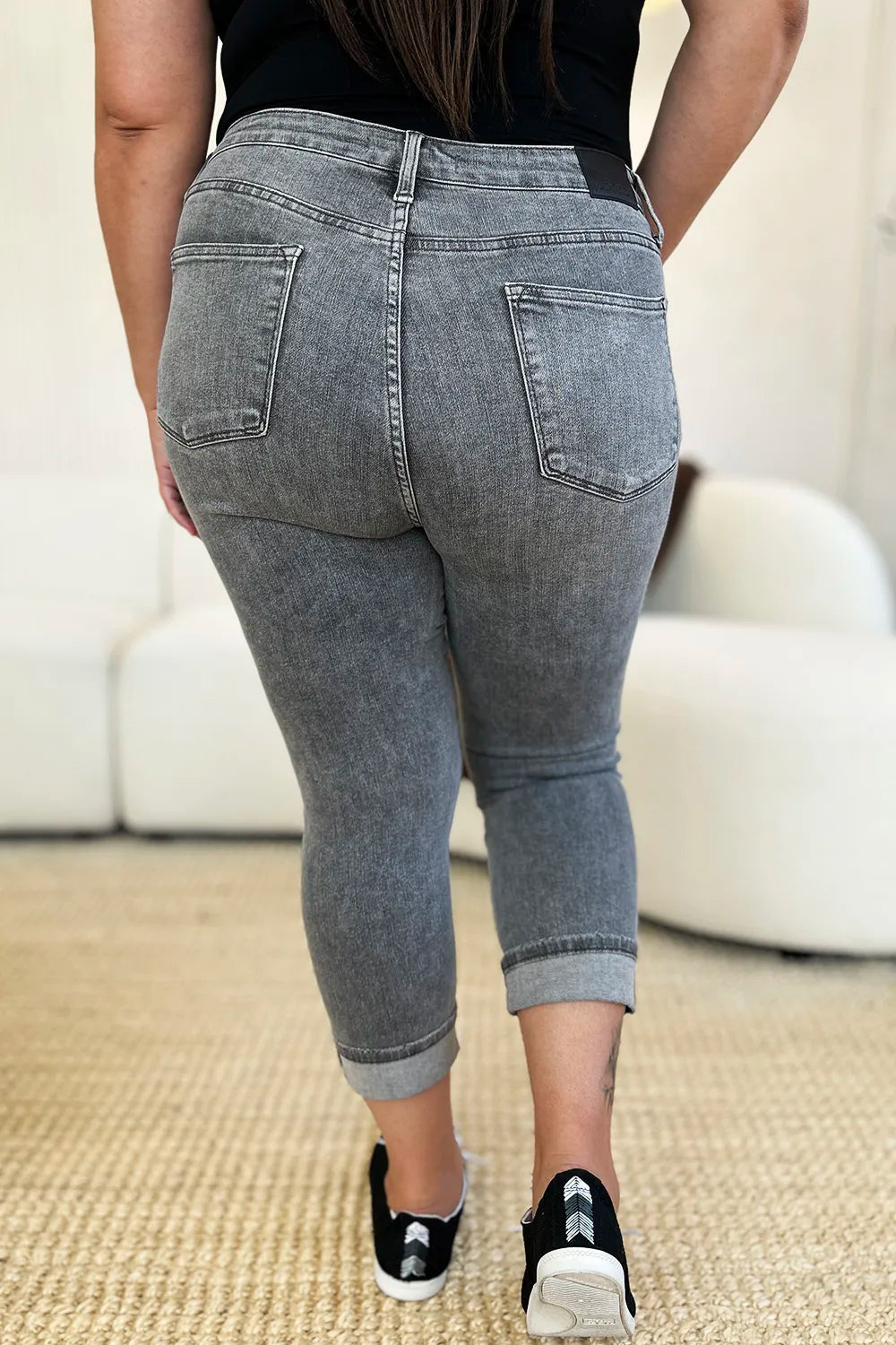 Gray Judy Blue full-size high-waist cuffed capris with button fly and rolled cuffs, stylish women's denim pants.