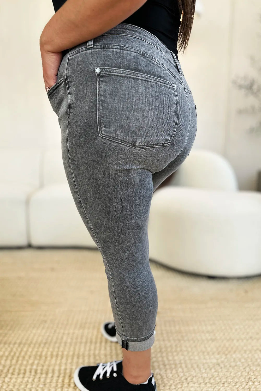 Gray Judy Blue full size high waist button fly cuffed capris with front pockets and rolled cuffs, stylish and comfortable for casual wear.