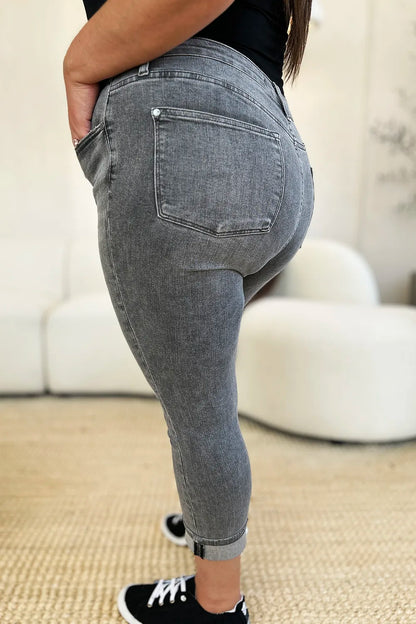 Gray Judy Blue full size high waist button fly cuffed capris with front pockets and rolled cuffs, stylish and comfortable for casual wear.