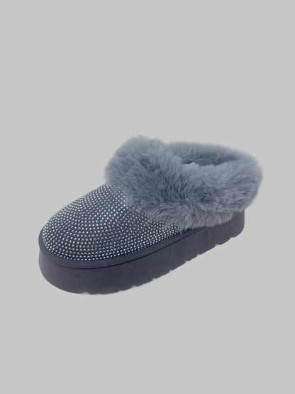 Gray WILD DIVA embellished faux fur platform booties by Trendsi featuring decorative embellishments and chunky sole.
