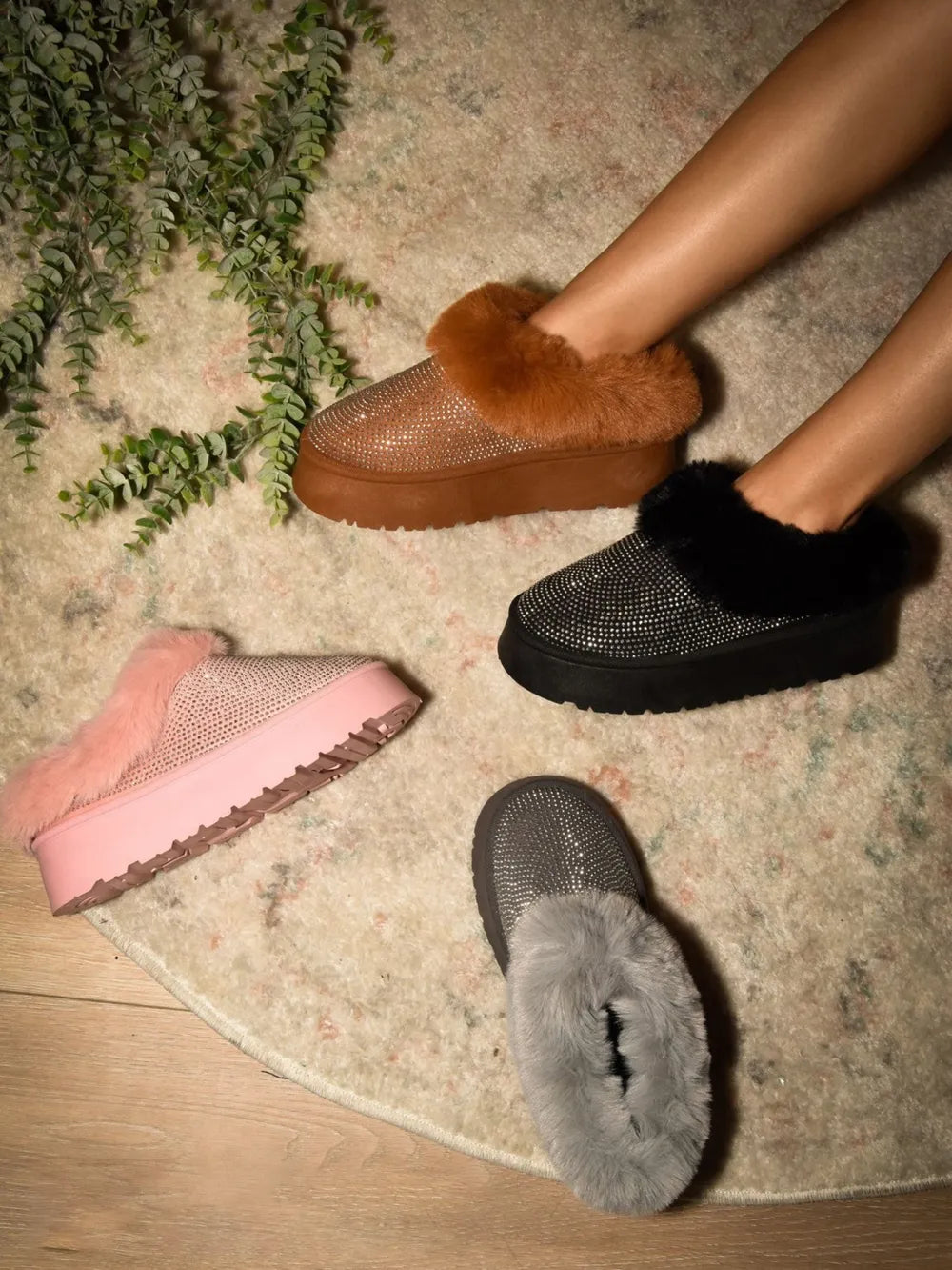 Gray WILD DIVA embellished faux fur platform booties by Trendsi, featuring decorative embellishments and chunky sole.