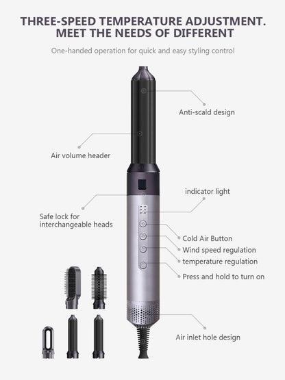 Gray 5-in-1 Hot Air Brush by Trendsi, European plug, with multiple attachments for versatile hair styling and drying.