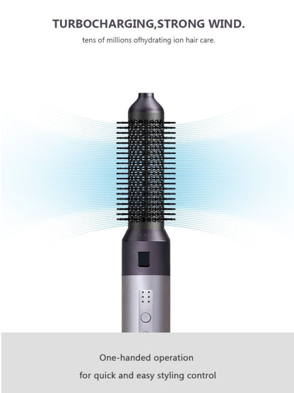 Gray Trendsi 5-in-1 hot air brush with European plug, showing multiple attachments for styling and drying hair.