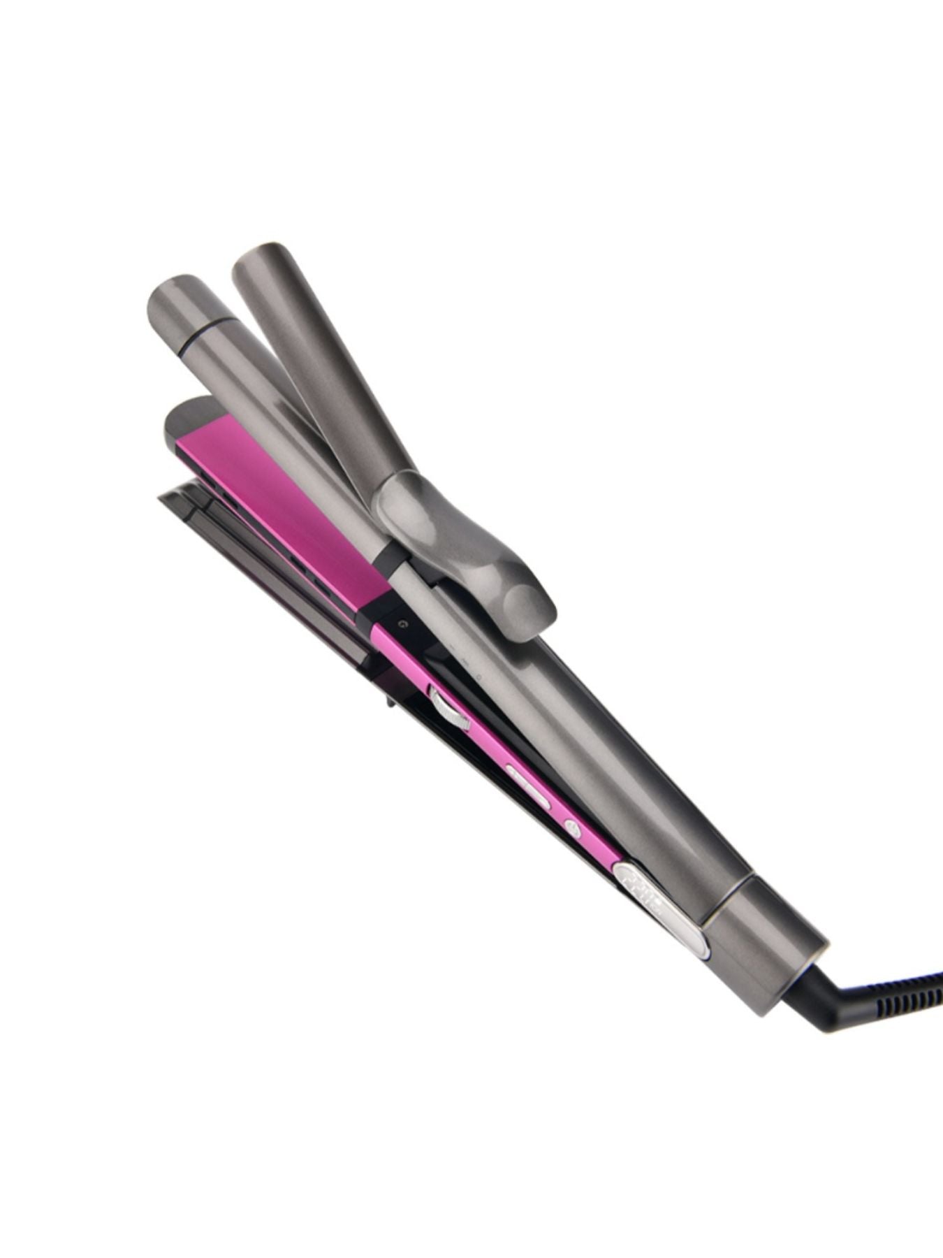 Gray Trendsi adjustable temperature hair straightener and curler with European plug, featuring ceramic plates for styling versatility.
